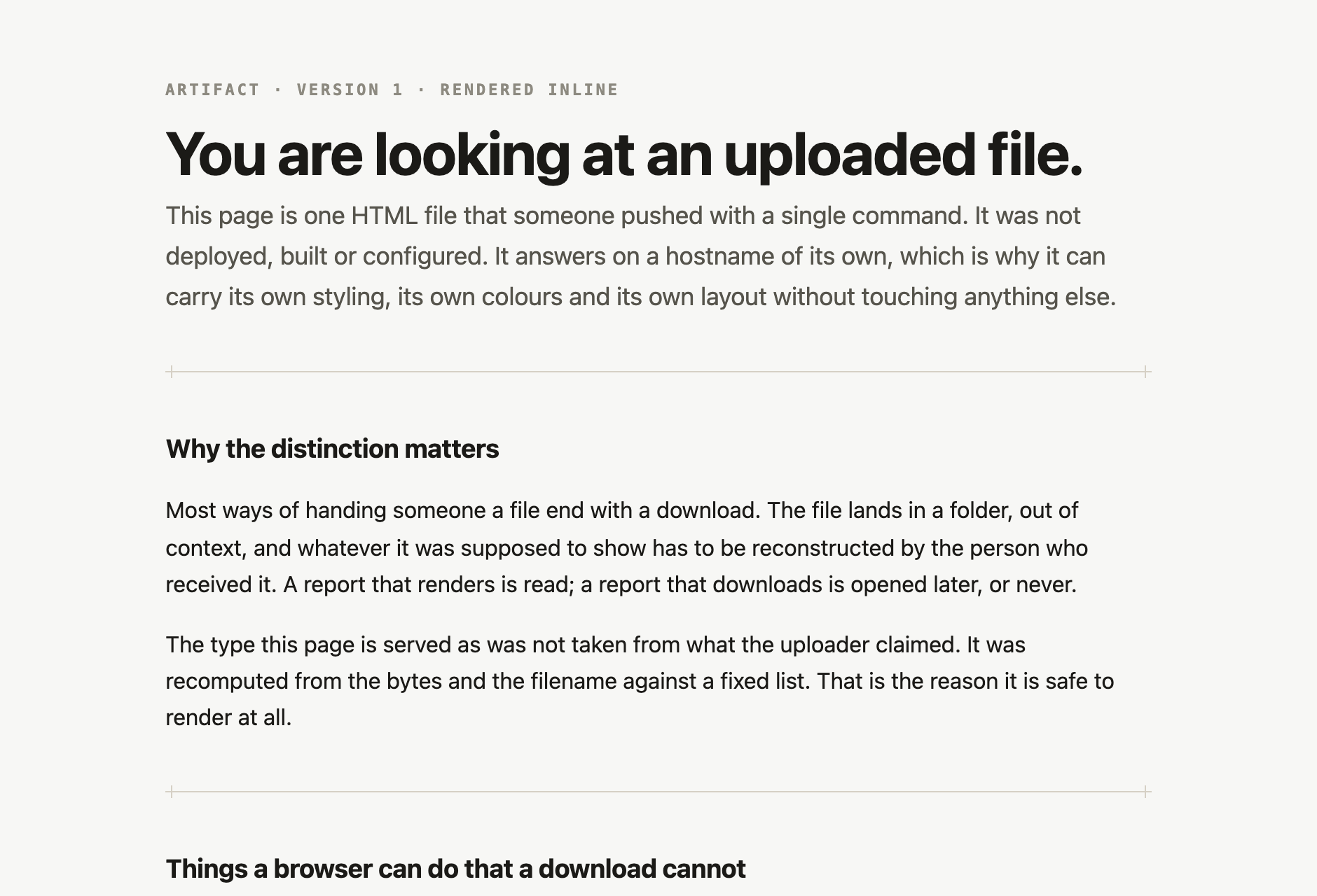 A rendered report page with its own typography, a data table and hairline rules, served at its own hostname.